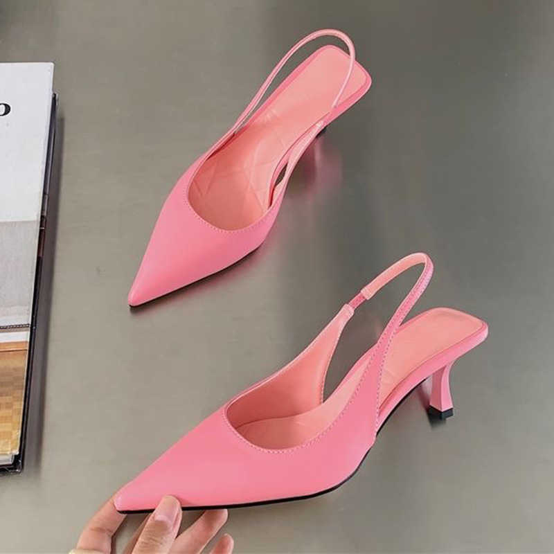 Сандалии 2022 Новый бренд женщин назад СТРП Сандалии розовые тонкие низкие каблуки.