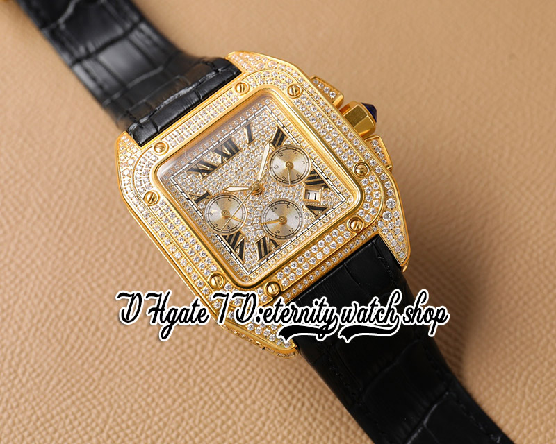 TWF zy0008 Miyota 9100 Cronografo Automatico Orologio da uomo in oro giallo con intarsio di diamanti Cassa con diamanti Quadrante con indici romani Cinturino in pelle Super Edition Orologi l'eternità