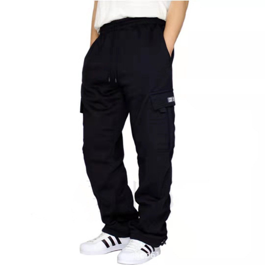 Pantalon homme polaire doublé Cargo pantalon de survêtement fond ouvert jambe droite décontracté coupe ample Baggy athlétique survêtement pantalon avec poches