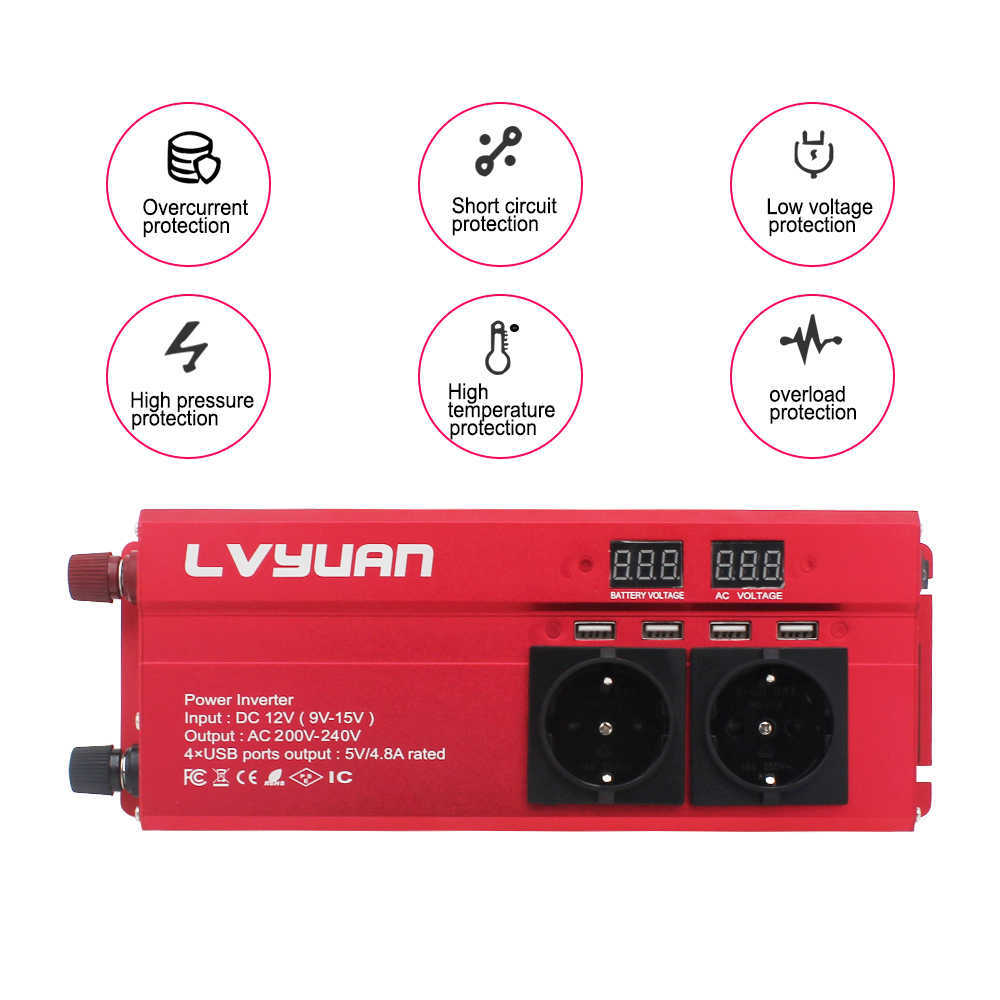 2000 W Car Power Inverter Transformer 12 v 220 v UE Plug 3 AC Outlets 4 USB Converter Solar Inversor para