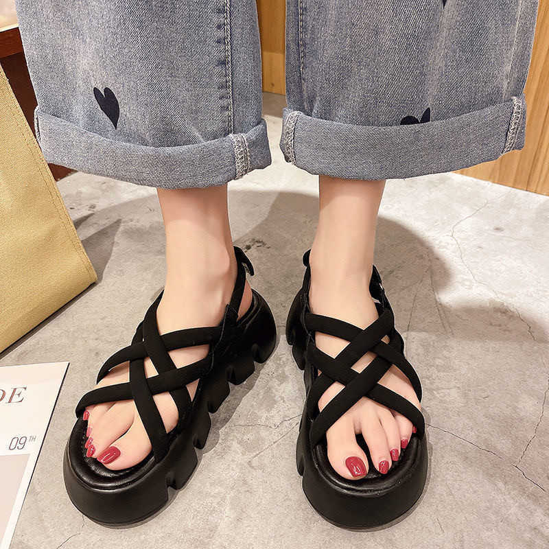 Sandals Green Retro Summer Platform Sandals Korean Peep Toe Hollow Comfor Roman Shoes New Fashion Outdoor Non-Slip Casual Beach Shoes T221209