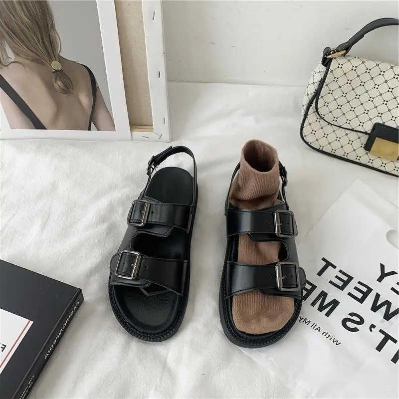 Sandals Harajuku Goth Rome Sandals Women Fashion Punk Platform Black Buckle Strap Leather Shoes Ladies Summer Beach Casual Flats 2022 T221209