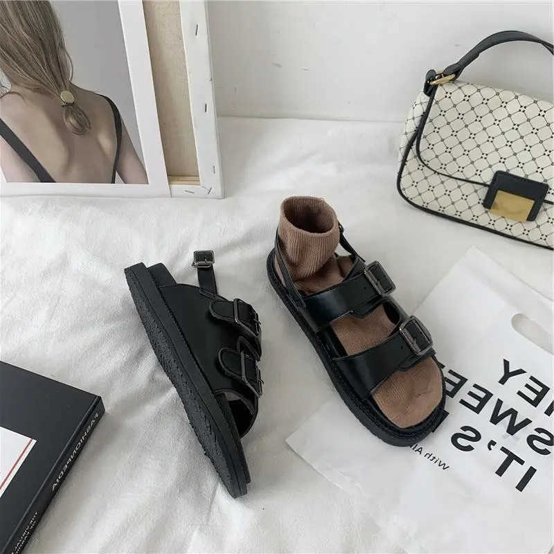 Sandals Harajuku Goth Rome Sandals Women Fashion Punk Platform Black Buckle Strap Leather Shoes Ladies Summer Beach Casual Flats 2022 T221209