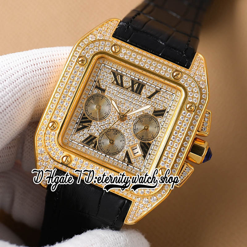 TWF zy0008 Miyota 9100 Cronografo Automatico Orologio da uomo in oro giallo con intarsio di diamanti Cassa con diamanti Quadrante con indici romani Cinturino in pelle Super Edition Orologi l'eternità