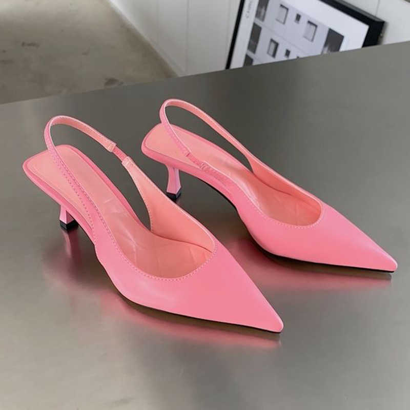 Sandaler 2022 Nya varumärkeskvinnor Back Strp Sandaler Pink Thin Low Heel Pumps Dress Shoes Lady Pointed Toe grunt Slingback Mules T221209