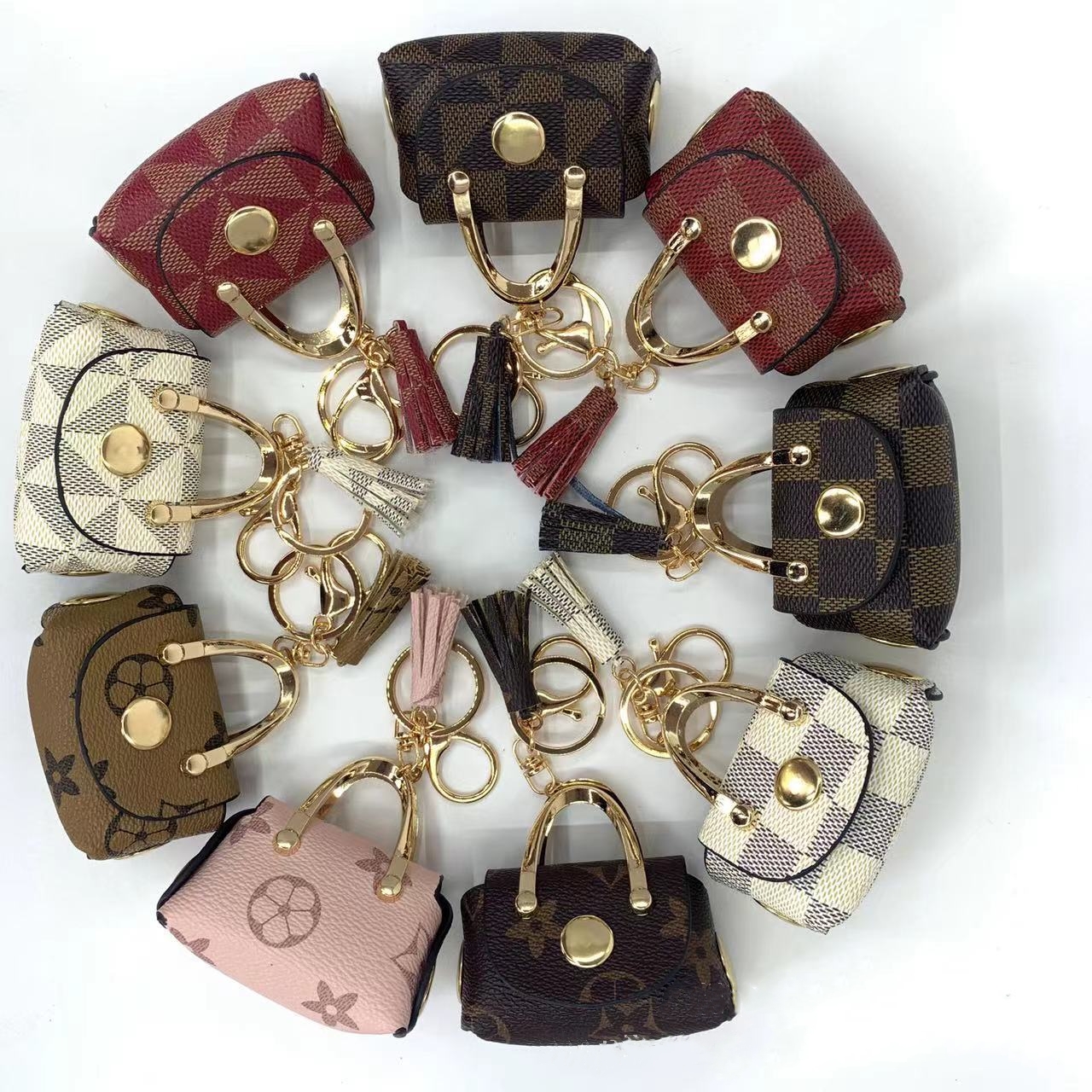 Mini Totes Bag Keychains bilnycklar ringer rosa brunt blommor Tassel h￤nge h￶rlurar luftpodsh￥llare mynt pursar mode pu l￤der nyckelkedja charm smycken tillbeh￶r