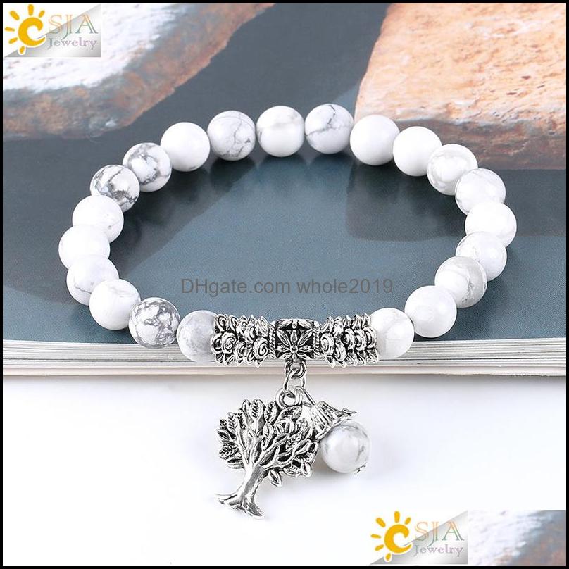 Beaded Fashion Round White Howlite Stone Mala Beads Tree Of Life Bracelets For Men Tibetan Yoga Healing Power Energy Bracelet 1673 V Othx8