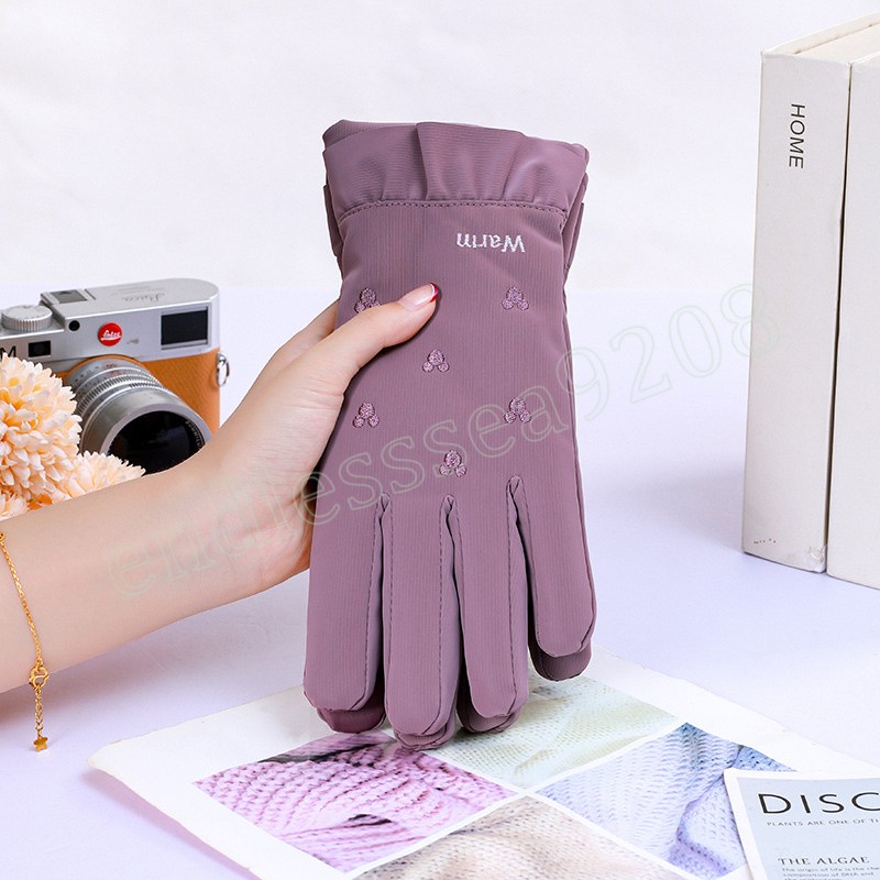 Women's Winter Touch Screen Gloves Female Bow Wool Velvet Thickening Driving Warm Gloves Cashmere Embroidery Cycling Glove