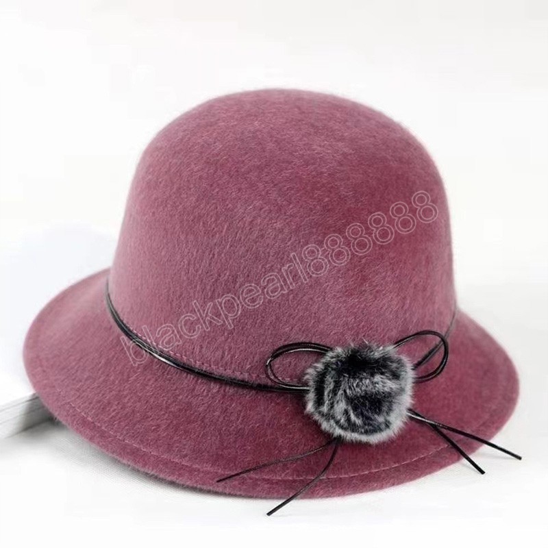 Kvinnor eleganta fedoror hattar vintage bowknot ull kände damer varm mössa blommor pompom höst vinterpanama hink hatt