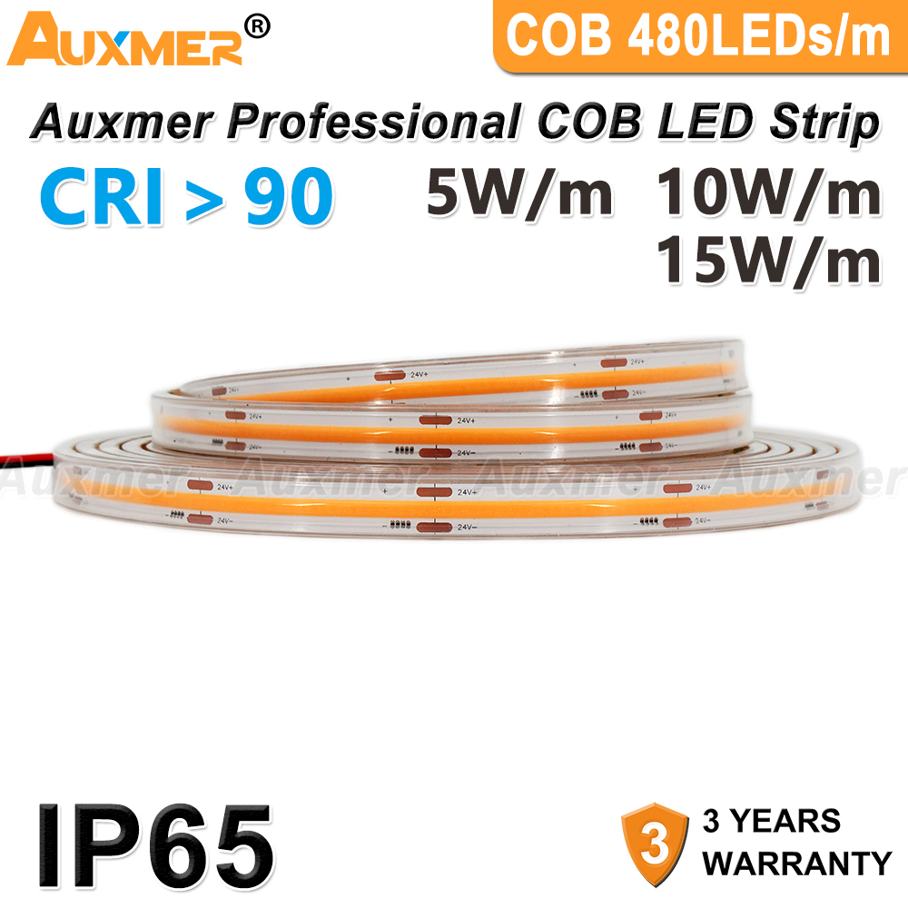 Auxmer Professional COB 480Ledm LED strip lights IP65 CRI90 High density FOB Led Tape waterproof outdoor DC12V24V 164ft 5m9359345