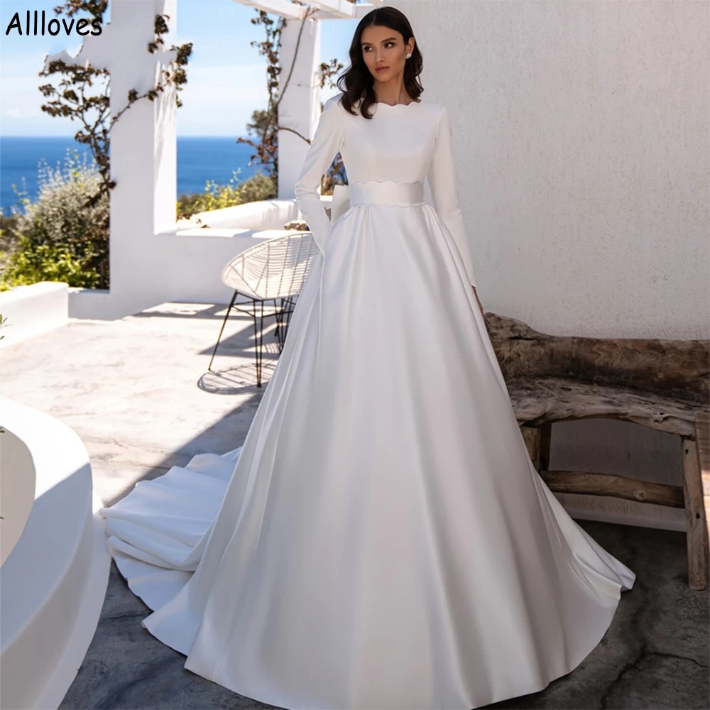 Modern White Satin A Line Wedding Dresses For Women Long Sleeves Jewel Neck Simple Bridal Gowns Sexy Backless Bow Court Train Fashion Beach Robes de Mariee CL1594