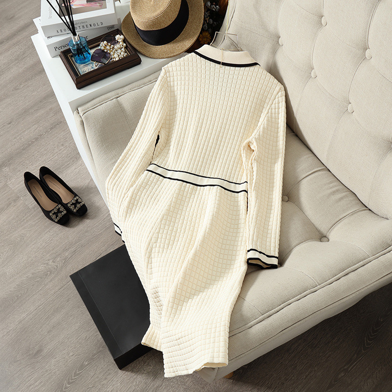 2023 Spring Black / Ivory Contrast Color Ribbon Bow Knitted Dress Long Sleeve Lapel Neck Panelled Knee-Length Casual Dresses N2N3015