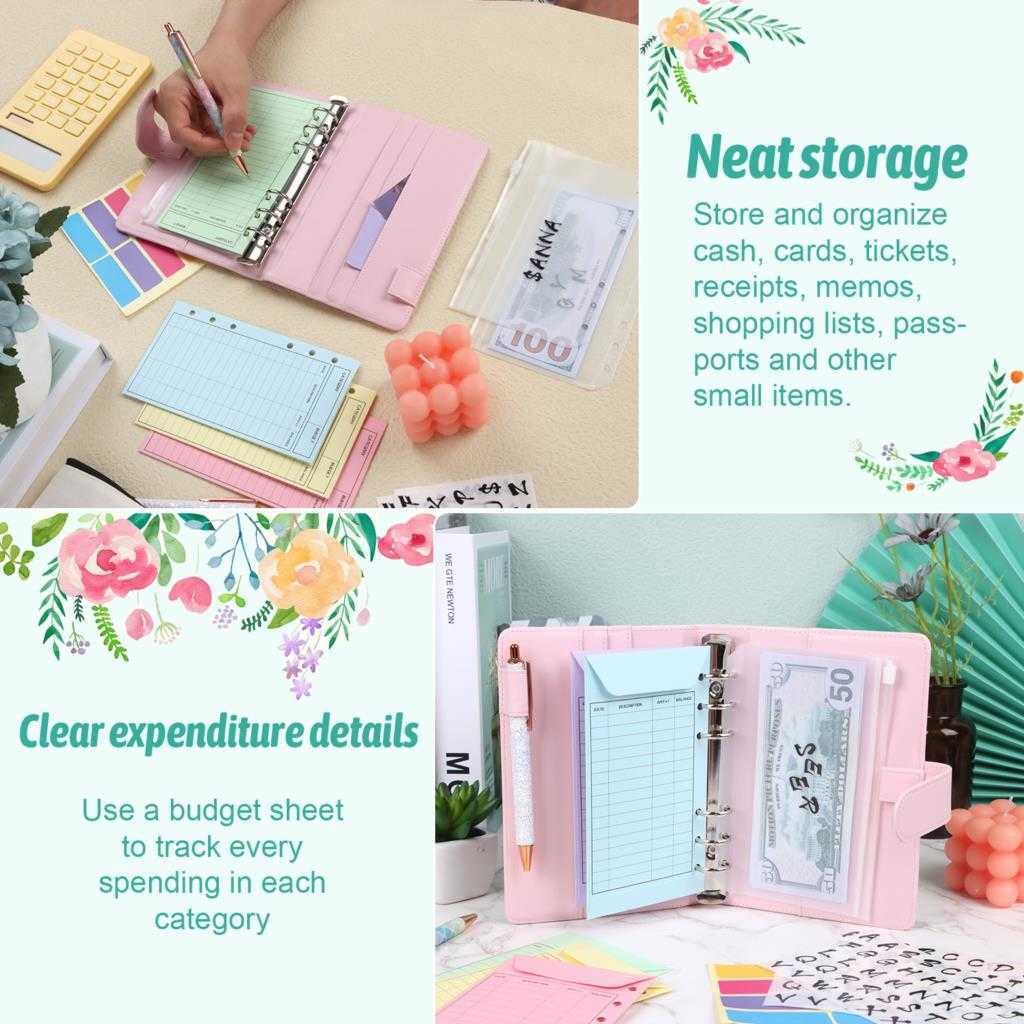 8 Sheets A6 PU Leather Binder Budget Envelope Planner Organizer System Transparent PVC Label Color Coated Alphabet Stickers