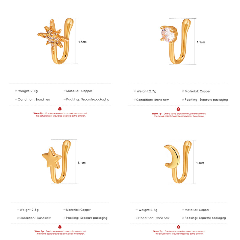 Moda burun yüzüğü cazibesi kristal kelebek pentagram kadınlar sahte delici klip burun kulak halkaları vücut takılar
