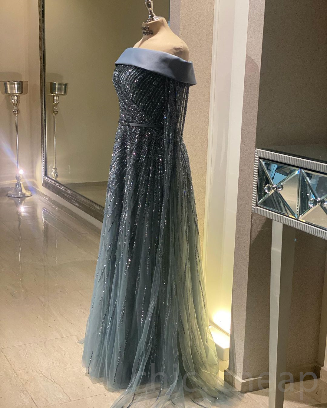 2023 Arabic Aso Ebi Luxurious Grey Prom Dresses Beaded Sequins A-line Evening Formal Party Second Reception Birthday Engagement Gowns Dress ZJ404