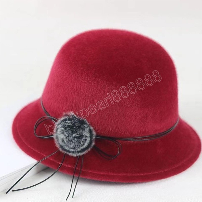 Kvinnor eleganta fedoror hattar vintage bowknot ull kände damer varm mössa blommor pompom höst vinterpanama hink hatt