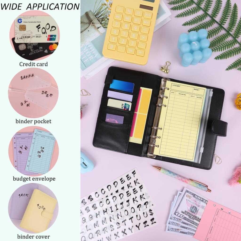 8 Sheets A6 PU Leather Binder Budget Envelope Planner Organizer System Transparent PVC Label Color Coated Alphabet Stickers