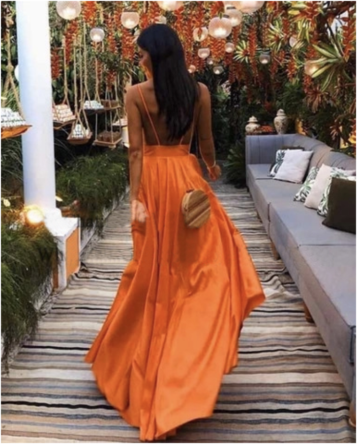 Orange eine Linie lange Abschlussballkleider sexy v Hals Rückenless Spaghetti Armband Abendkleiderparty für Frauen formelle Kleider