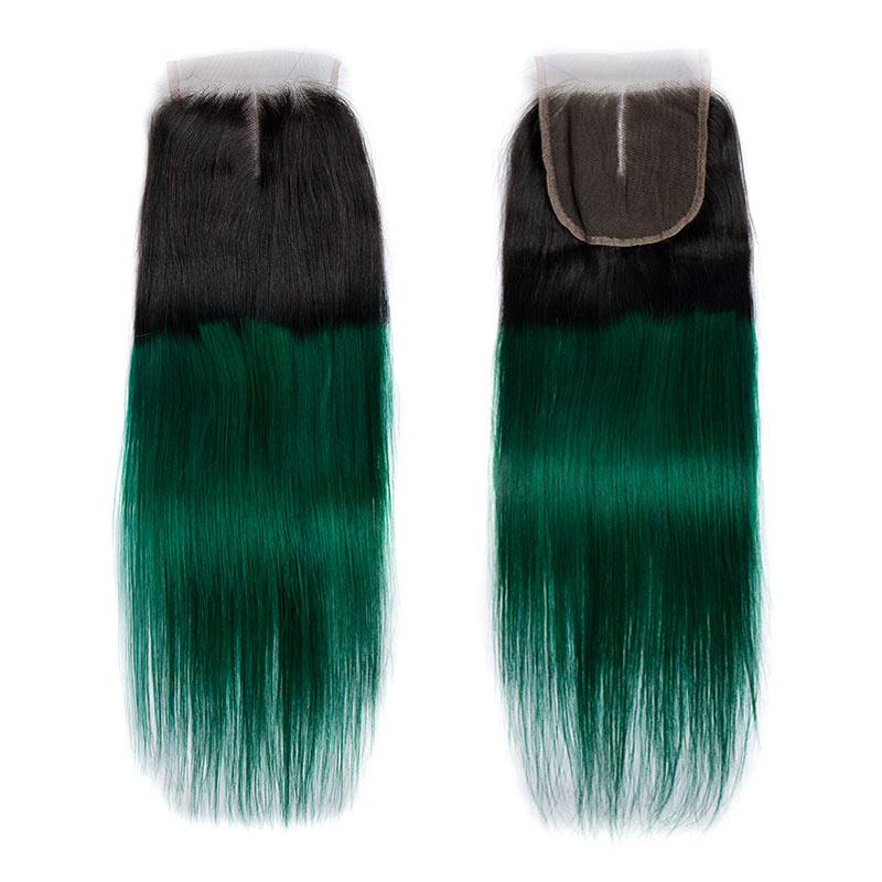 Fasci di capelli lisci brasiliani Ombre 1b / colore verde con chiusure in pizzo 4x4