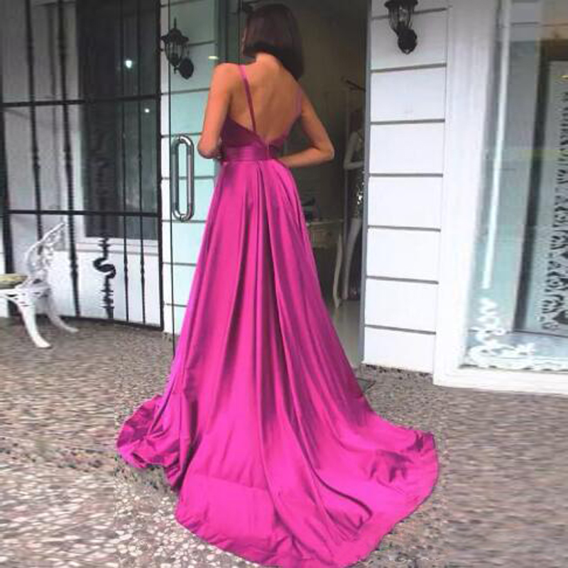 Fuchsia v Neck Backless Prom jurken lang een lijn spaghetti riem sweep trein avondjurk feest voor vrouwen jurk formele jurken