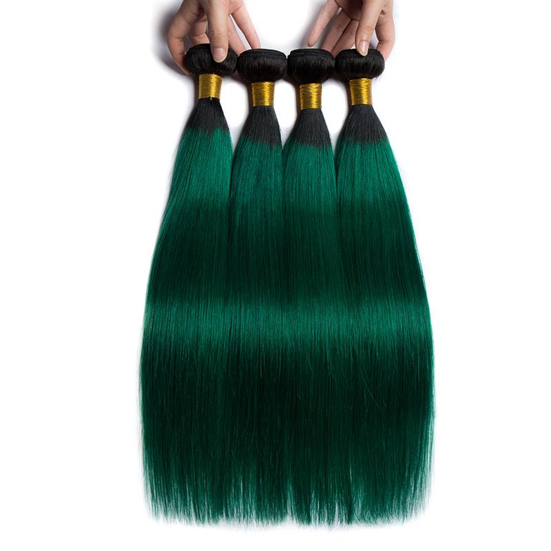 Fasci di capelli lisci brasiliani Ombre 1b / colore verde con chiusure in pizzo 4x4