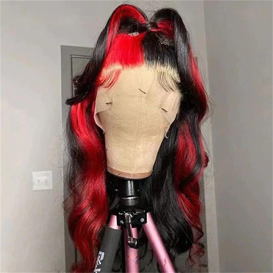Podświetl perukę ludzkie włosy fala koronka koronkowa przednia peruka czarna czerwona peruki dla kobiet syntetycznych ciepło odpornych na ciepło 6054253