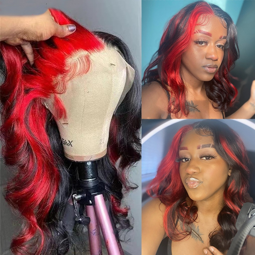 Highlight Wig Human Hair Body Wave Lace Front Wig Black Red Wigs For Women Synthetic Heat Resistant6054253