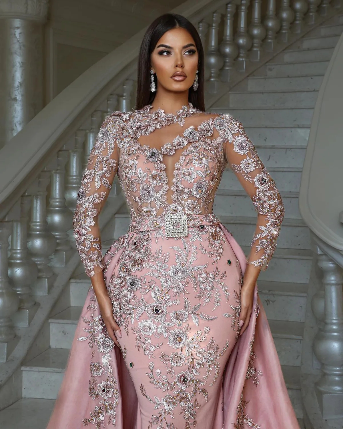 Luxury Pink Lace Mermaid Evening Dresses For Arabic Woman Glitter 3D Flowers Overskirt Train Plus Size Prom Party Gowns