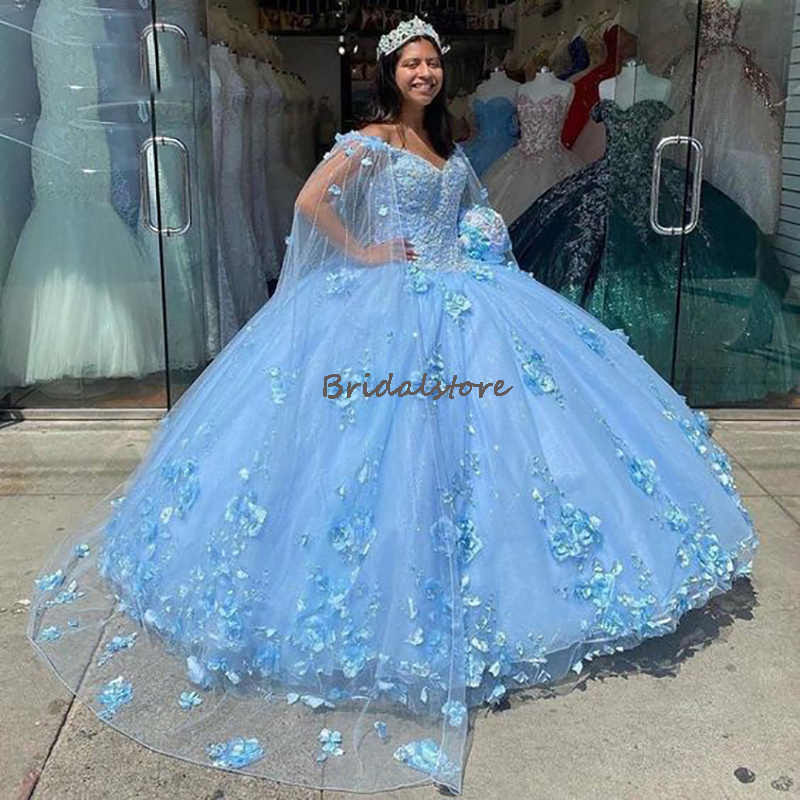 Princesse Mexicaine Rose Quinceanera Robes 2023 Fleur Floral 3D Avec Cape Robe De 15 XV Anos Luxe Doux 16 Robe De Bal Robe De Bal Fête D'anniversaire Robe Bleu Lilas