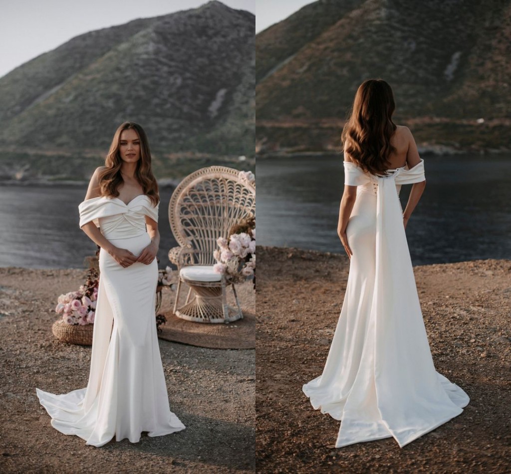 Plus Size Sexy Bohemian Mermaid Wedding Dresses Simple Off Shoulder Draped Pleats Satin Floor Length Bridal Gowns Court Train vestidos de novia Custom Made