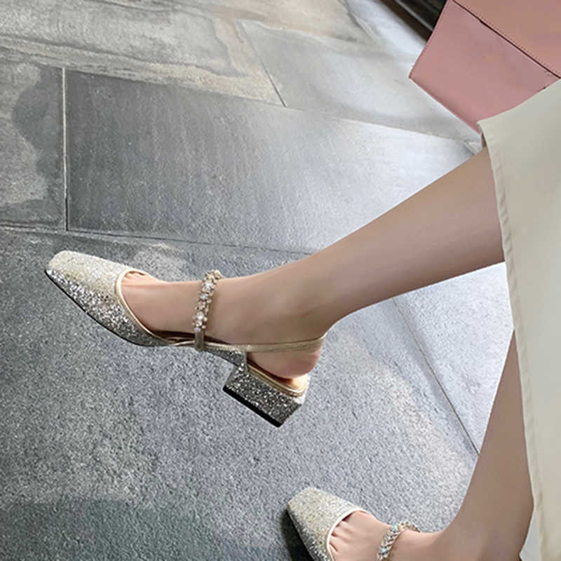 Dress Shoes Slippers Rimocy Shining Sequins Square Heels Sandals Women Fashion Crystal Strap Party Woman Sqaure Toe Bling Low Heeled Pumps 2022 221213