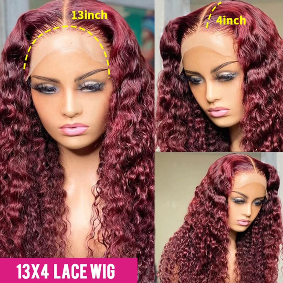 Farbige Burgunder-Lace-Front-Perücke, brasilianisches Haar, Rot, 99J, lockige Perücken für Frauen, 13 x 4 HD, tiefe Welle, Lace-Frontal-Perücke, synthetisch