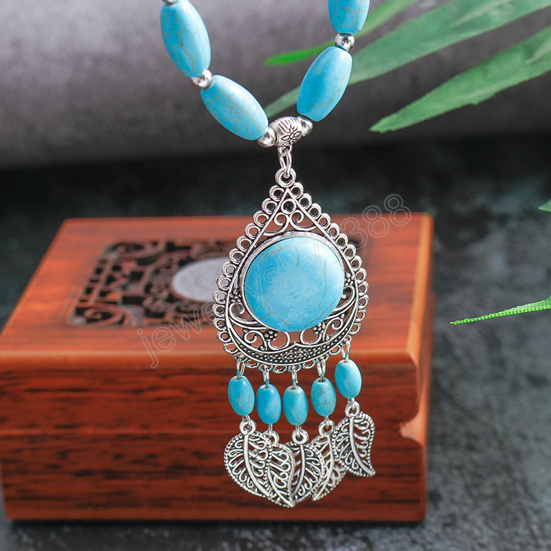 Vintage Bohemia Ethnic Geometric Blue Stone Leaf Necklaces For Women Long Tassel Chain Necklace For Tibetan Jewelry