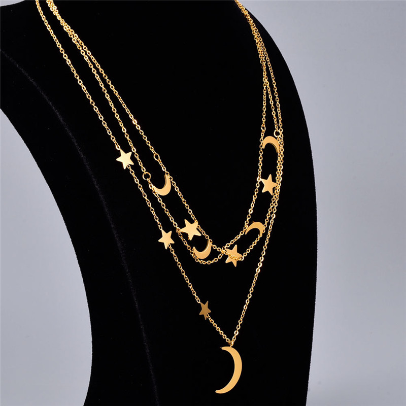 Trendy Multilayer 316L Titanium Steel Moon Star Pendant Designer Necklace Woman 18k Gold Plated Link Chain Chokers Womens Necklaces Fashion Jewelry Friend Gift