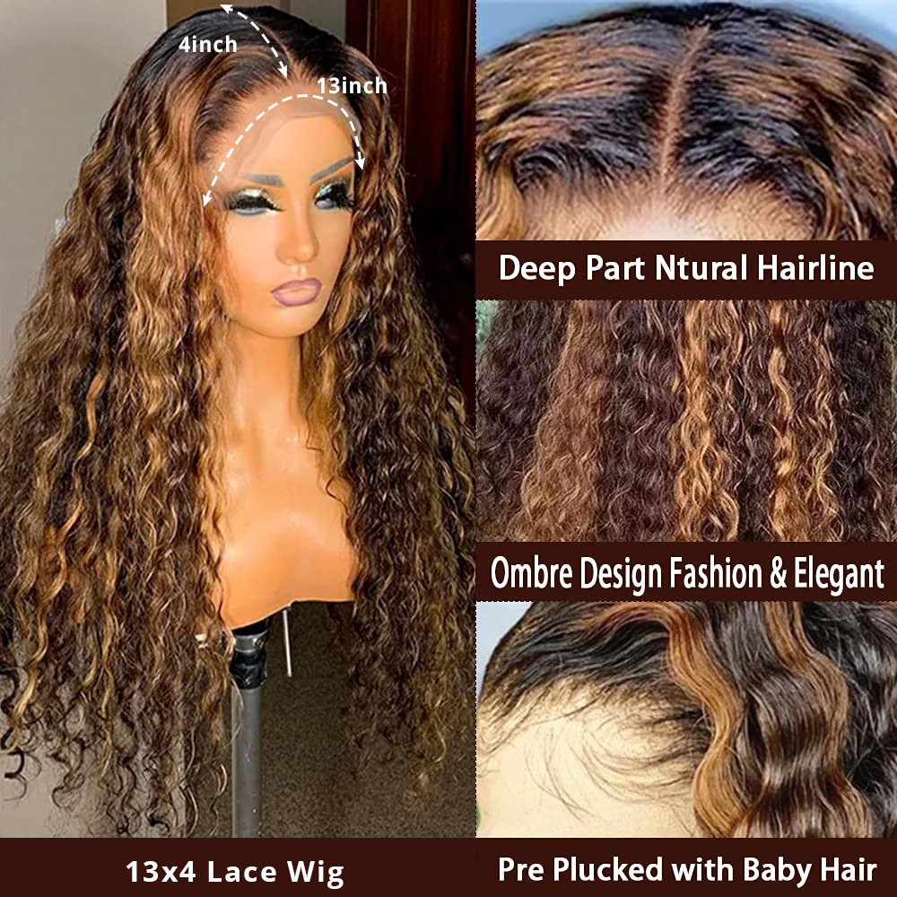 30 32 Inch Highlight Ombre Lace Frontal Wig Curly Human Hair Wigs 4/ed 13x4 Deep Wave Wigs For Black Women Synthetic