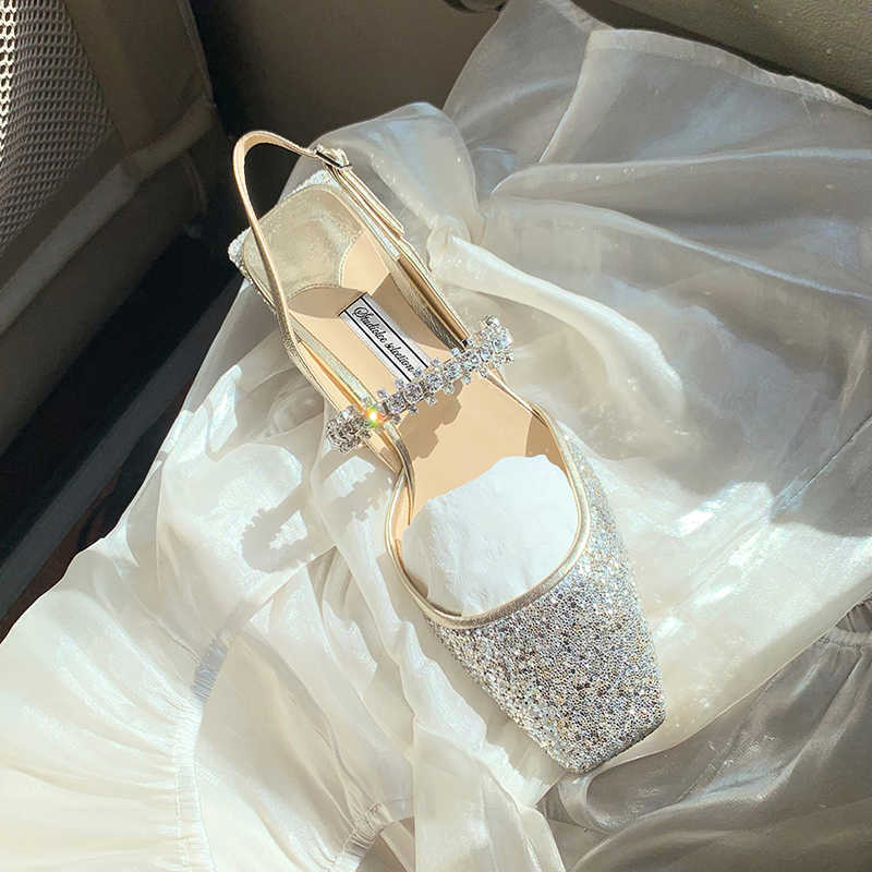 Dress Shoes Slippers Rimocy Shining Sequins Square Heels Sandals Women Fashion Crystal Strap Party Woman Sqaure Toe Bling Low Heeled Pumps 2022 221213