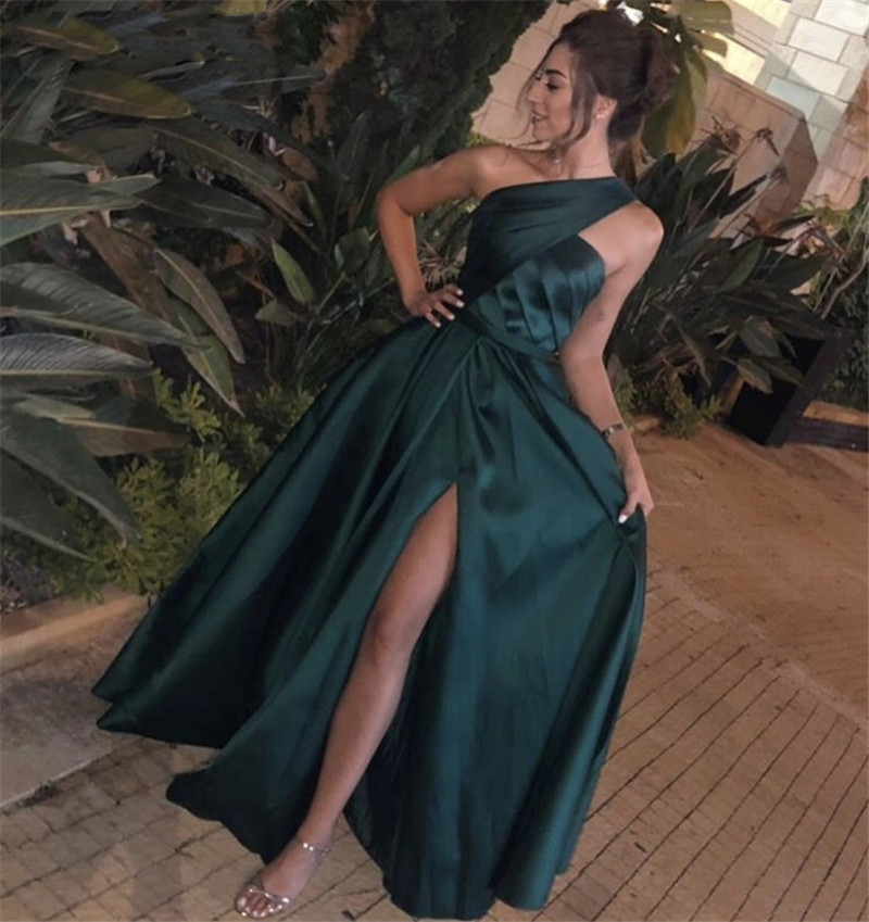 Fashion Prom Dresses Robe De Soiree Green One Shoulder A-Line Sweep Train Satin Party Evening Dress Vestidos De Fiesta De Noche