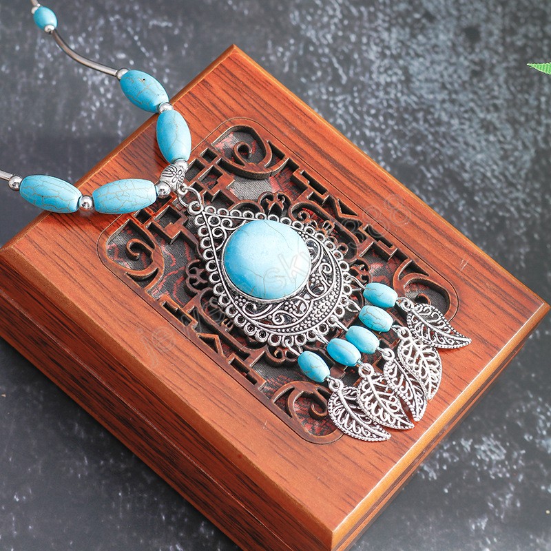 Vintage Bohemia Ethnic Geometric Blue Stone Leaf Necklaces For Women Long Tassel Chain Necklace For Tibetan Jewelry