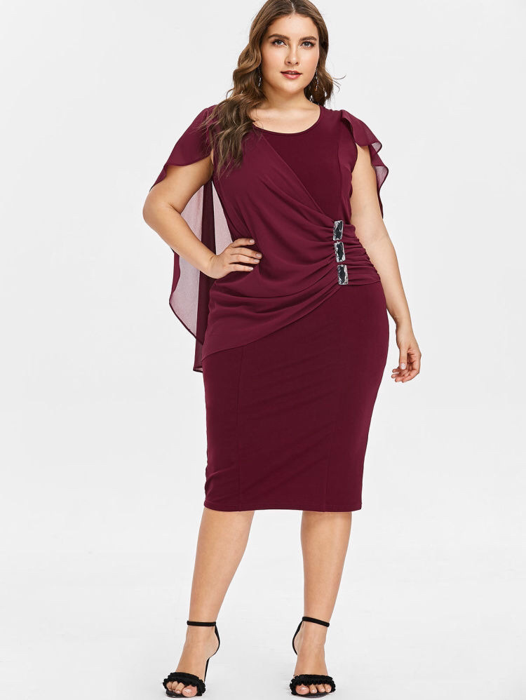 Women Chiffon Plus Size Dresses Ruffle Flattering Cape Sleeve Bodycon Party Pencil Midi Dress XL-5XL