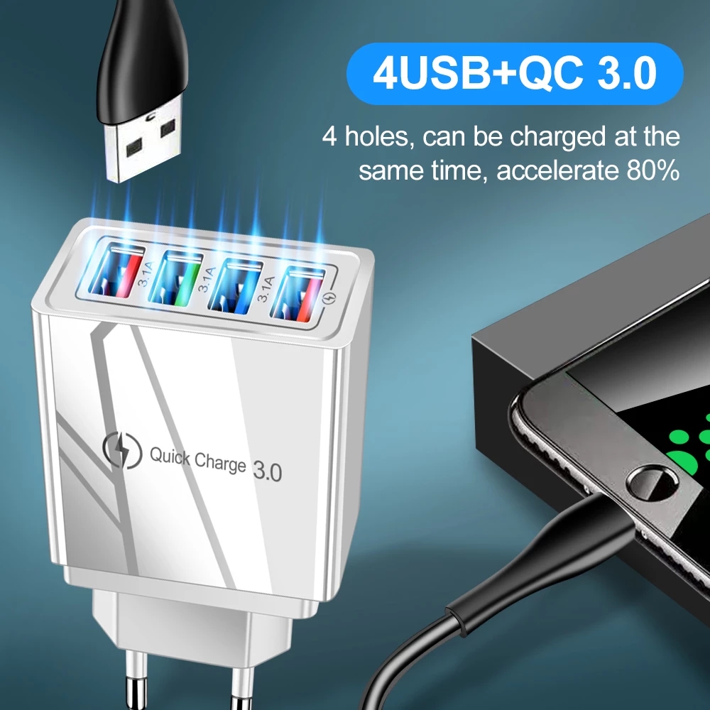 4 منافذ متعددة USB 3.0 شاحن الجدار الشاحن السريع الولايات المتحدة محول توصيل الاتحاد الأوروبي لـ Huawei iPhone 12 Xiaomi Tablet Travel Portable Travel Charging Block Fast Chargers