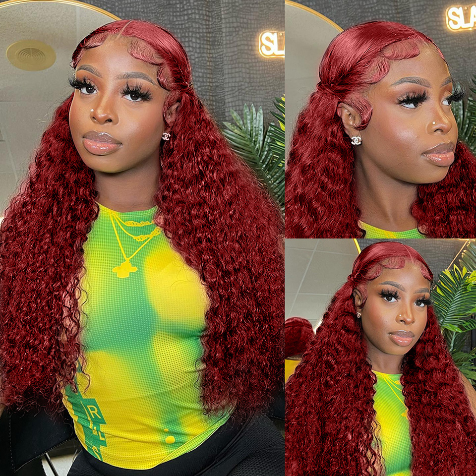 Colored Burgundy Lace Front Wig Brazilian Hair Red 99J Curly Wigs For Women 13x4 HD Deep Wave Lace Frontal Wig Synthetic