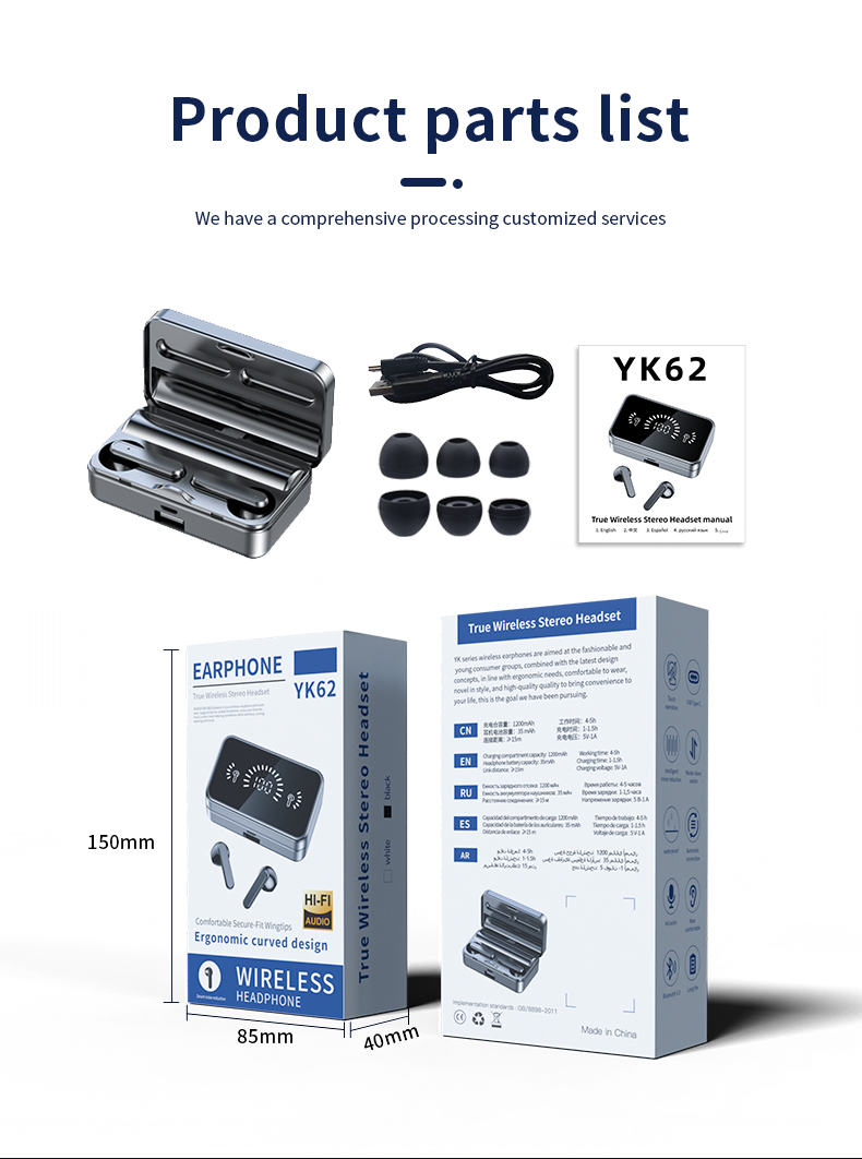 Auricolari wireless a specchio YK62 TWS Auricolari Bluetooth con display a led Cuffie in-ear da gioco impermeabili a bassa latenza Auricolari all'ingrosso