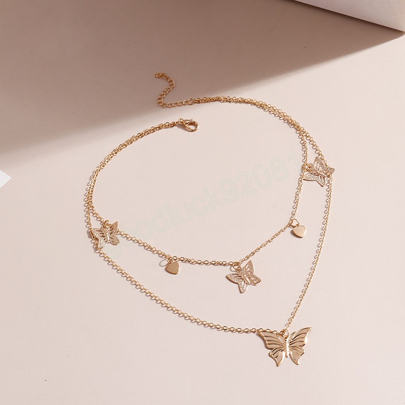 Vintage Simple Multi-Layer Pendant Hollow Butterfly Necklace For Women Charm Choker Halsband Boho Fashion Jewelry Gift