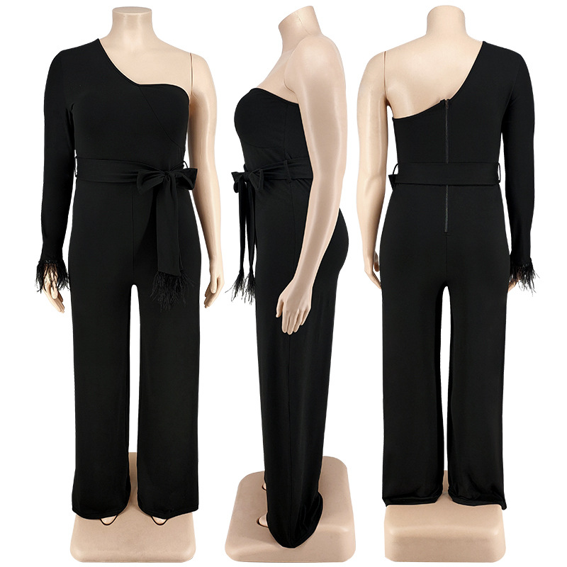 Kvinnors jumpsuits plus size Lose Long Sleeve Sexig One Shoulder Casual Rompers Wide Leg Palazzo Pants With Belt