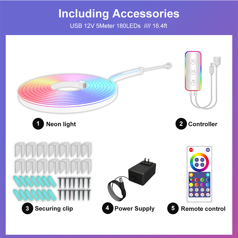 Striscia di luce al neon Colore da sogno WIFI Bluetooth Corda luminosa fai-da-te 5m 12V Sincronizzazione musicale Controllo APP TV Retroilluminazione Gioco Soggiorno Camera da letto Bar Decorazioni feste