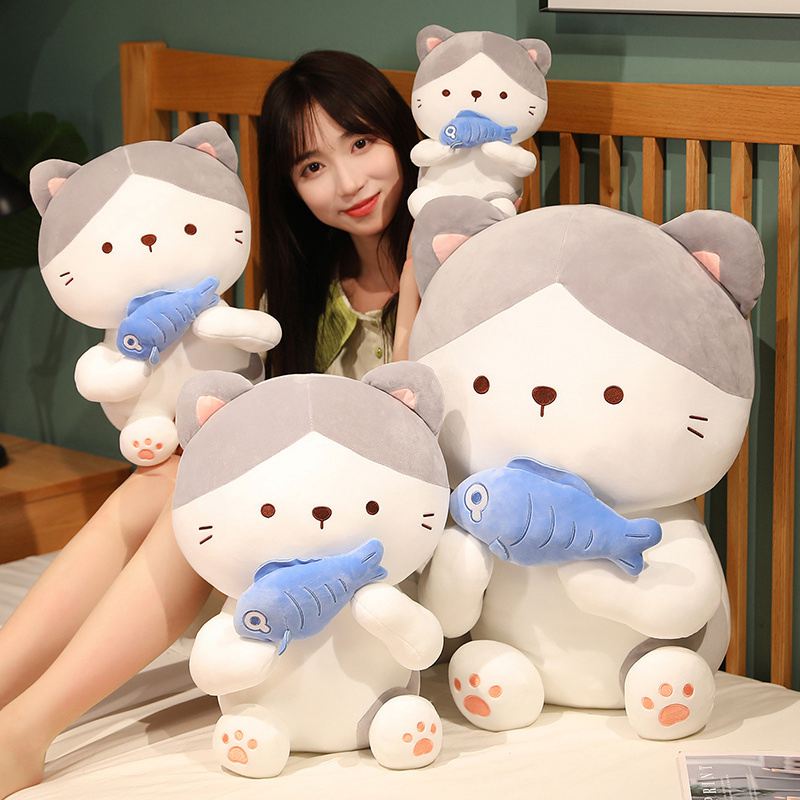 60cm Kawaii Sitting Cute Eat Fish Cat Plush Toy Soft Stuffed Cartoon Animal Pussy Doll Photography Props Home Decor