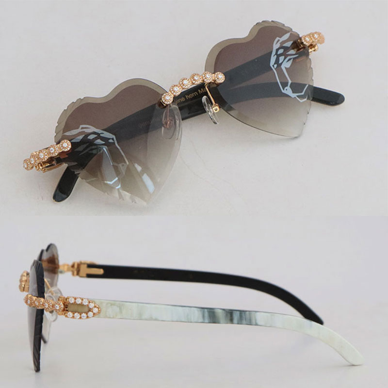 Luxury Moissanite Diamond Set Rimless Solglasögon för kvinnor Originalvit inuti Black Buffalo Horn Men Glasses Carved Angled TNIA3378