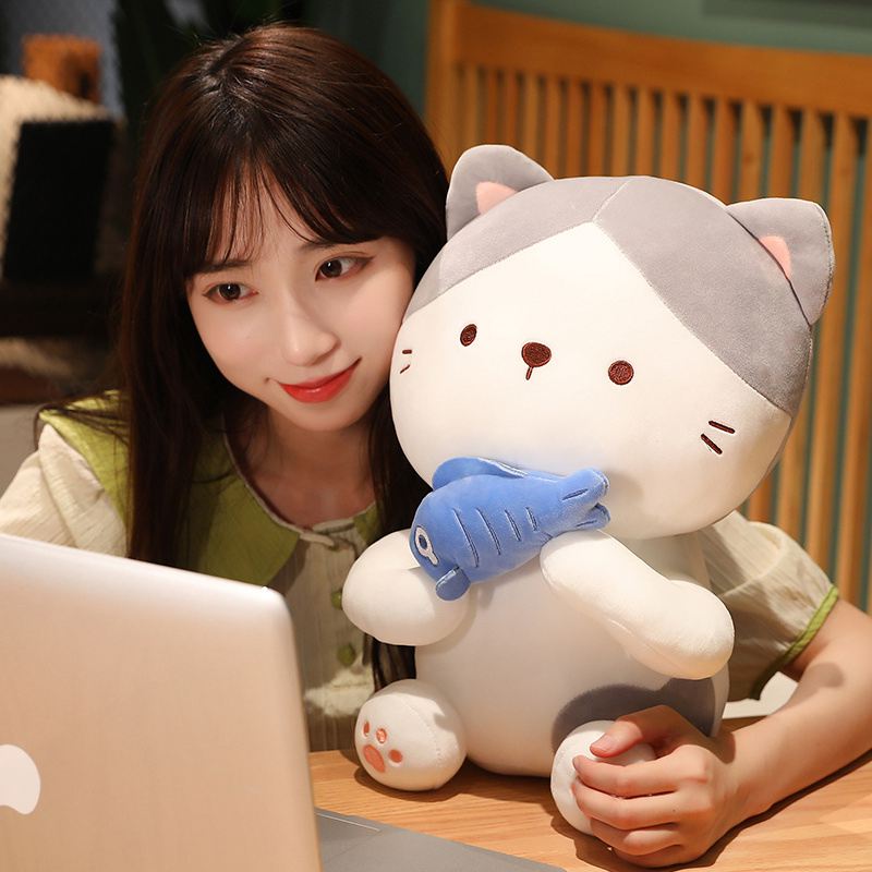 60cm Kawaii Sitting Cute Eat Fish Cat Plush Toy Soft Stuffed Cartoon Animal Pussy Doll Photography Props Home Decor