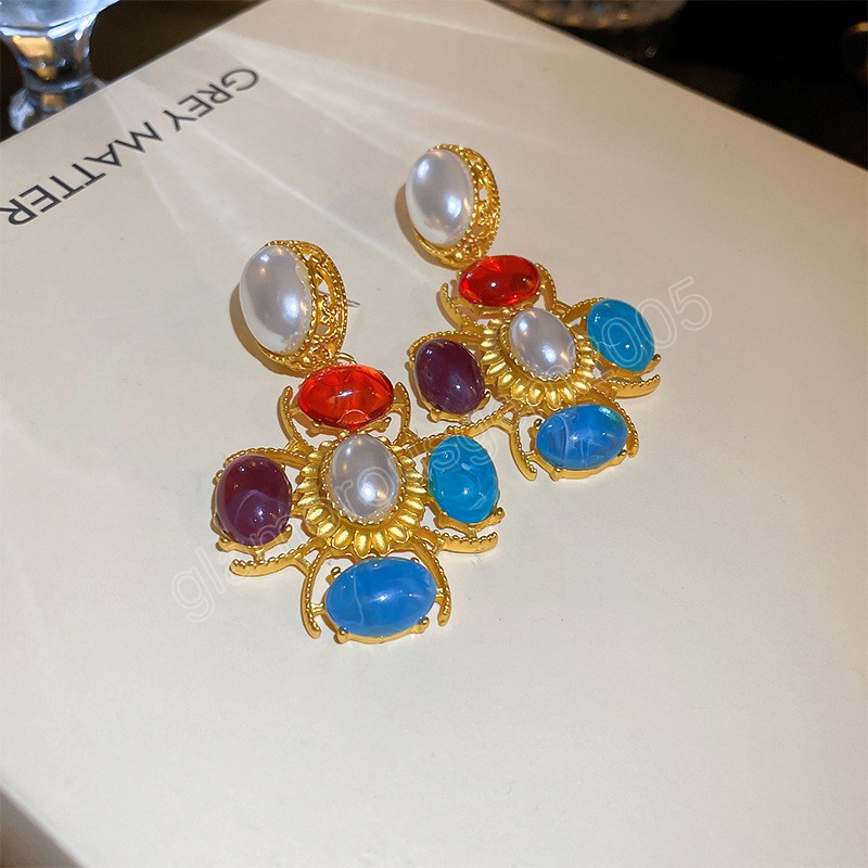 Boucles d'oreilles pendantes en résine colorée pour femmes, bijoux à la mode, tempérament de luxe, métal couleur or, perle, cadeau féminin