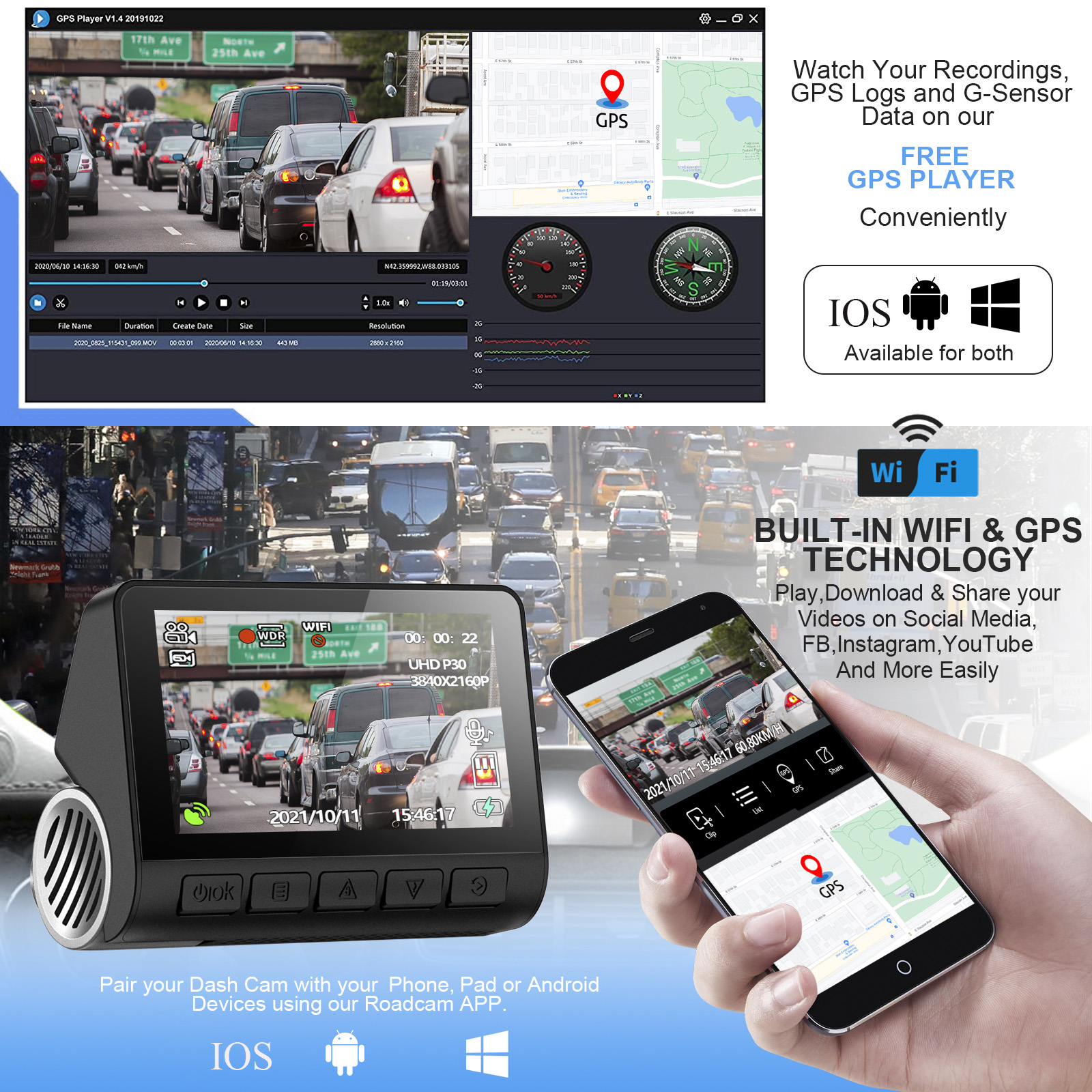 カーDVR V55 4Kダッシュカム2160p GPS ADAS 24H駐車サポートリアカムナイトビジョン音声プロンプトアプリコントロール